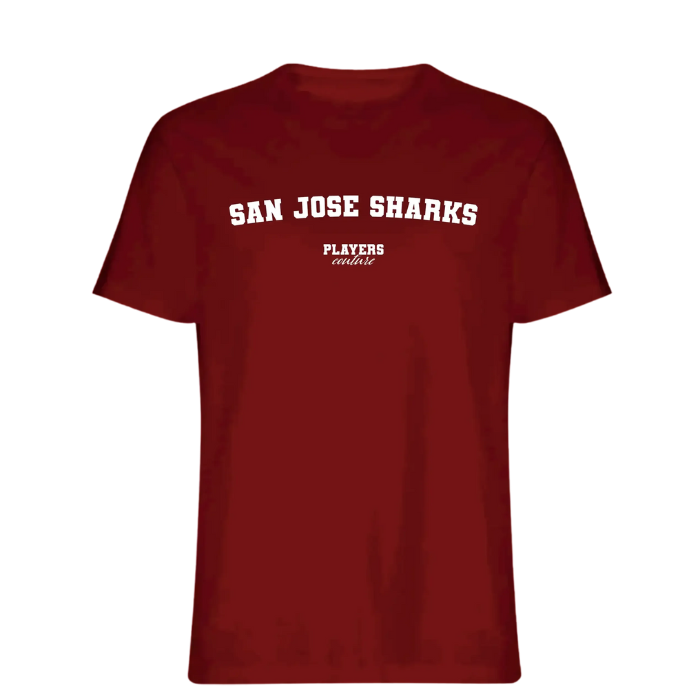 San Jose Sharks t-shirt – red men's t-shirt with white San Jose Sharks letters and Players Couture logo on the chest