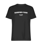 Sandown Park t-shirt – black men's t-shirt with white Sandown Park letters and Players Couture logo on the chest