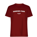 Sandown Park t-shirt – red men's t-shirt with white Sandown Park letters and Players Couture logo on the chest