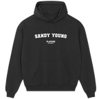 Sandy Young hoodie – black men's hoodie with white Sandy Young letters and Players Couture logo on the chest