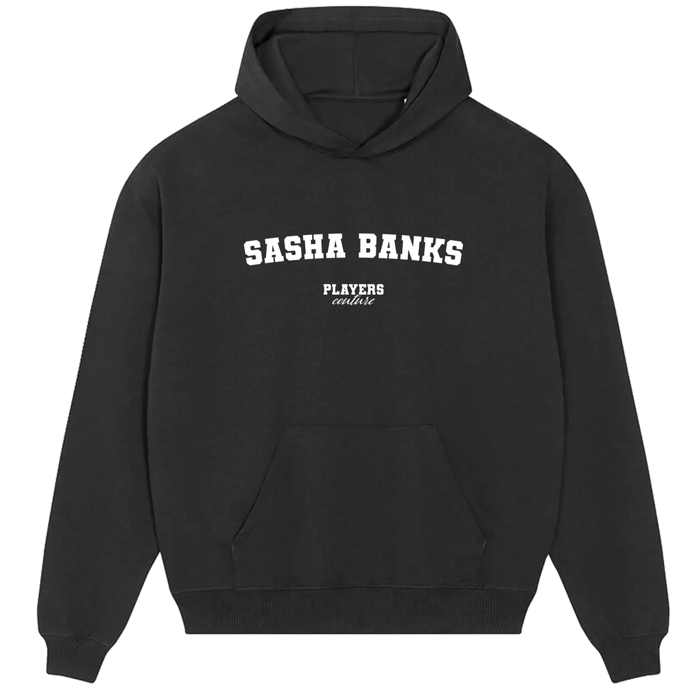 Sasha Banks hoodie – black men's hoodie with white Sasha Banks letters and Players Couture logo on the chest