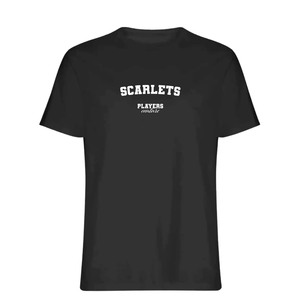 Scarlets t-shirt – black men's t-shirt with white Scarlets letters and Players Couture logo on the chest