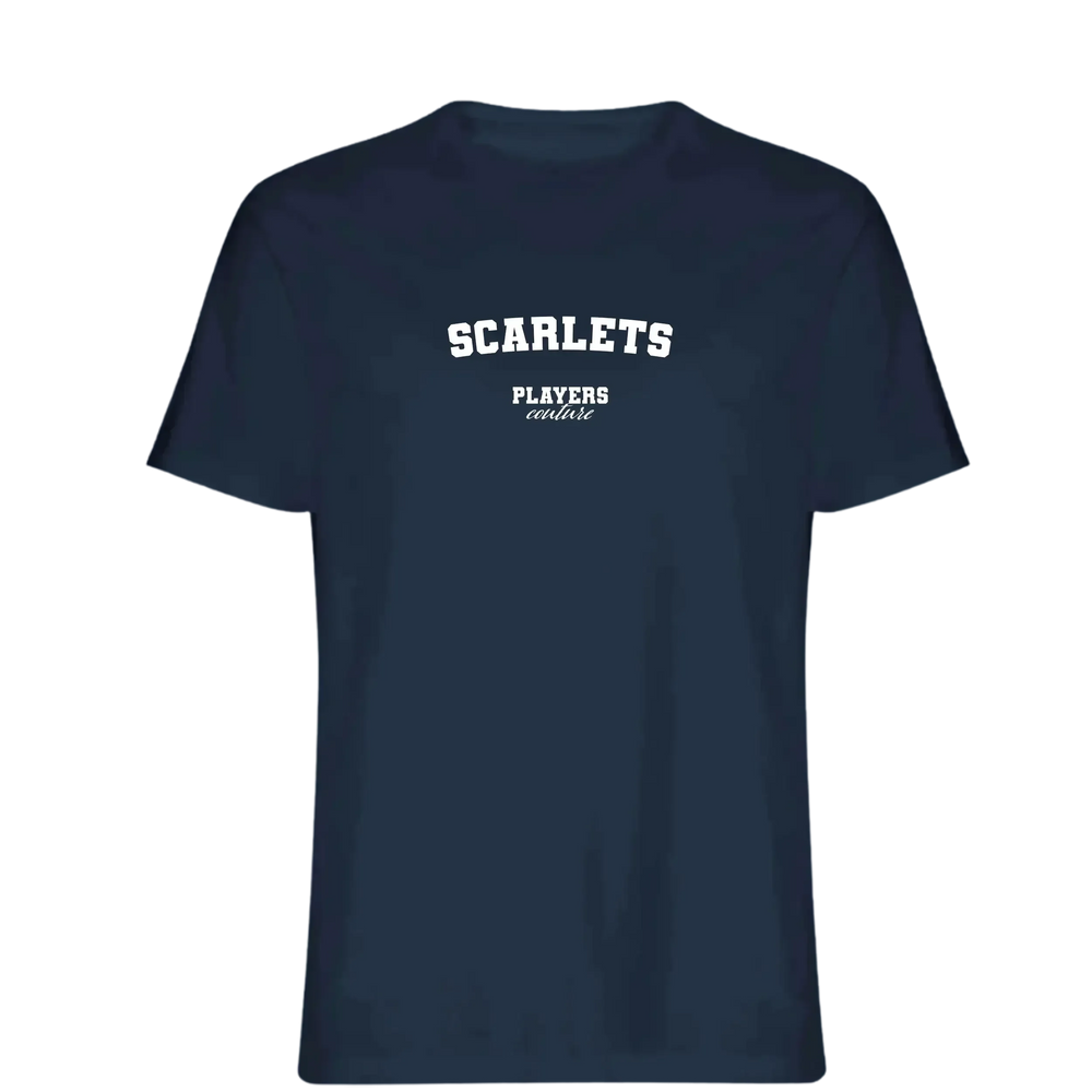 Scarlets t-shirt – navy men's t-shirt with white Scarlets letters and Players Couture logo on the chest