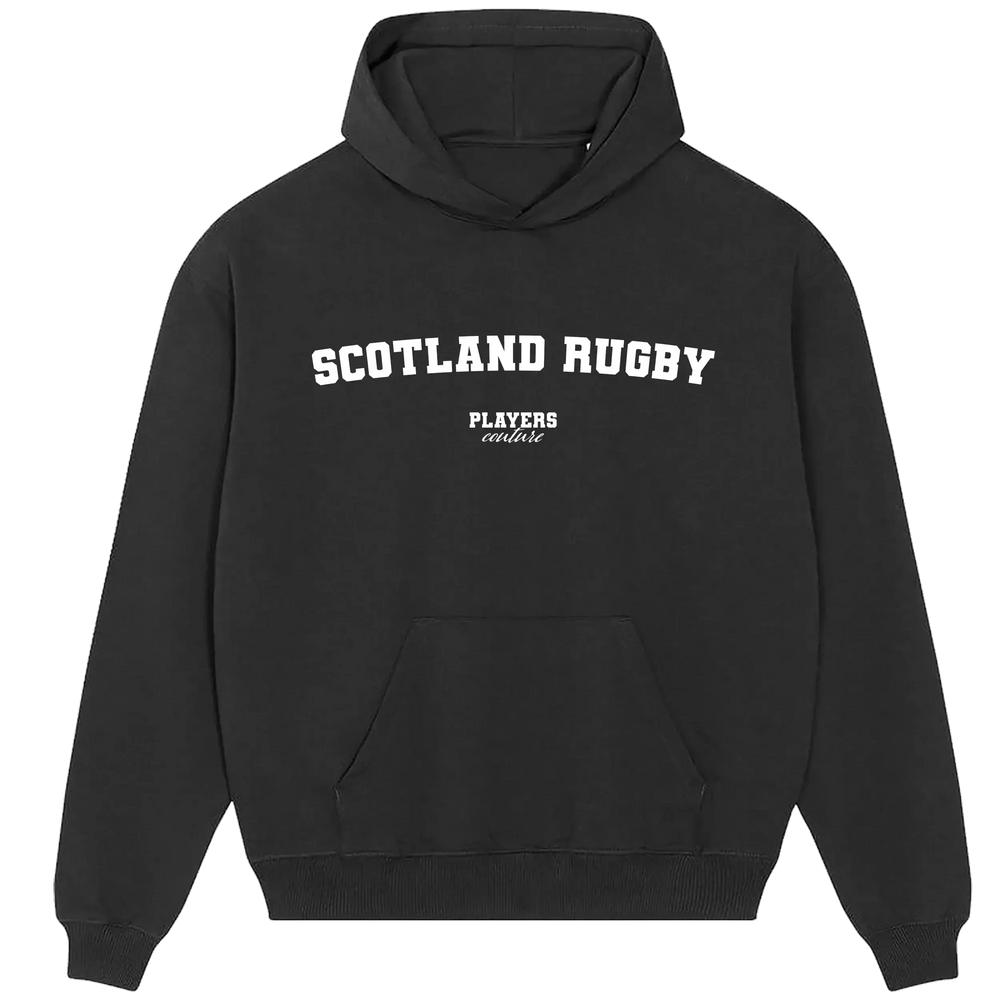Scotland Rugby hoodie – black men's hoodie with white Scotland Rugby letters and Players Couture logo on the chest