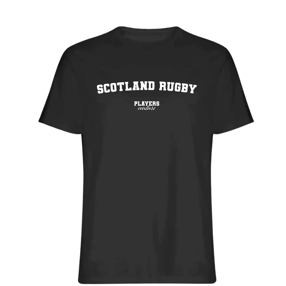 Scotland Rugby t-shirt – black men's t-shirt with white Scotland Rugby letters and Players Couture logo on the chest