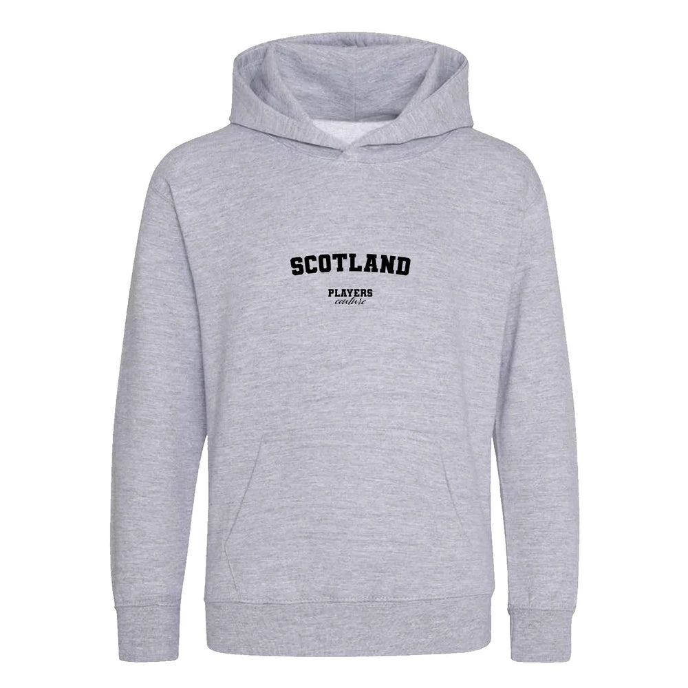 Scotland hoodie – grey kids' hoodie with black Scotland letters and Players Couture logo on the chest