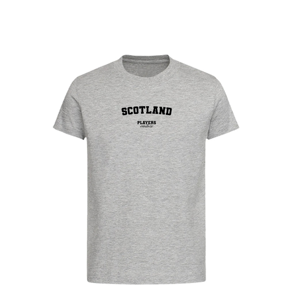 Scotland t-shirt – grey kids' t-shirt with black Scotland letters and Players Couture logo on the chest