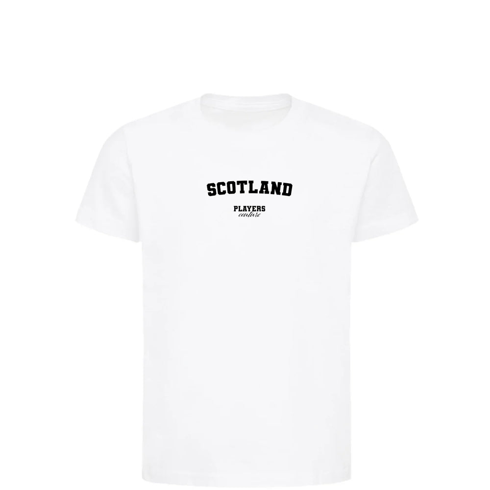 Scotland t-shirt – white kids' t-shirt with black Scotland letters and Players Couture logo on the chest