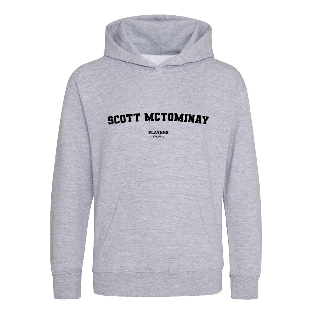Scott McTominay hoodie – grey kids' hoodie with black Scott McTominay letters and Players Couture logo on the chest