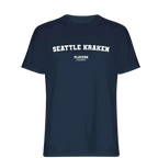 Seattle Kraken t-shirt – navy men's t-shirt with white Seattle Kraken letters and Players Couture logo on the chest