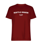 Seattle Kraken t-shirt – red men's t-shirt with white Seattle Kraken letters and Players Couture logo on the chest