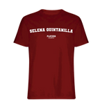 Selena Quintanilla t-shirt – red men's t-shirt with white Selena Quintanilla letters and Players Couture logo on the chest