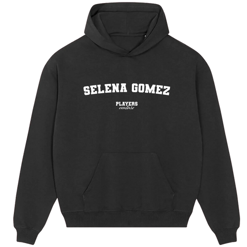 Selena Gomez hoodie – black men's hoodie with white Selena Gomez letters and Players Couture logo on the chest