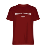 Sensible Soccer t-shirt – red men's t-shirt with white Sensible Soccer letters and Players Couture logo on the chest