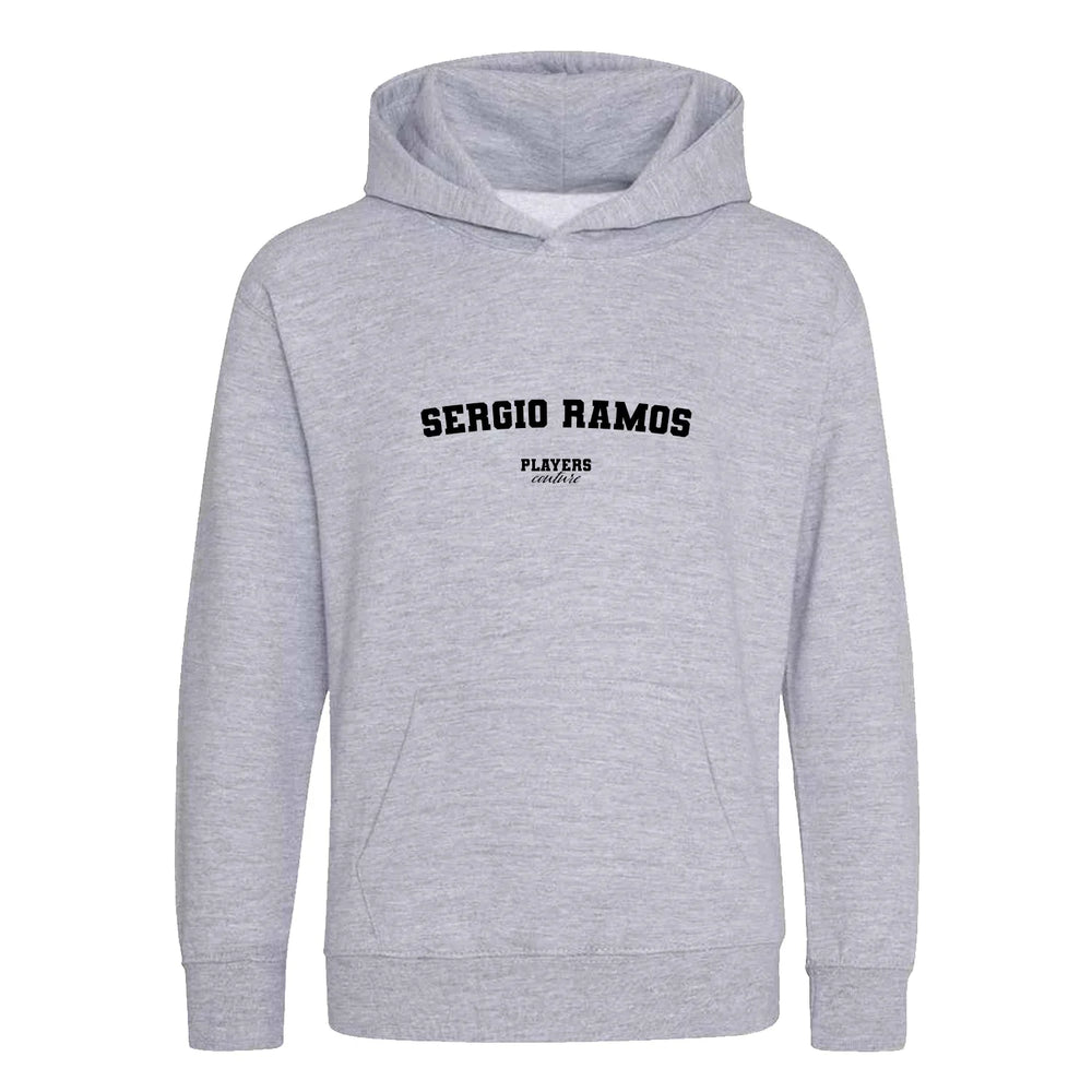 Sergio Ramos hoodie – grey kids' hoodie with black Sergio Ramos letters and Players Couture logo on the chest
