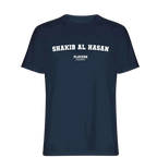 Shakib Al Hasan t-shirt – navy men's t-shirt with white Shakib Al Hasan letters and Players Couture logo on the chest
