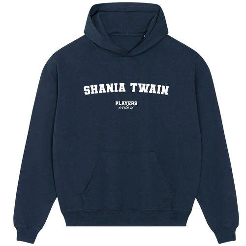 Shania Twain hoodie – navy men's hoodie with white Shania Twain letters and Players Couture logo on the chest