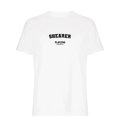 Shearer t-shirt – white men's t-shirt with black Shearer letters and Players Couture logo on the chest