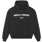 Sheila Parker hoodie – black men's hoodie with white Sheila Parker letters and Players Couture logo on the chest