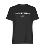 Sheila Parker t-shirt – black men's t-shirt with white Sheila Parker letters and Players Couture logo on the chest