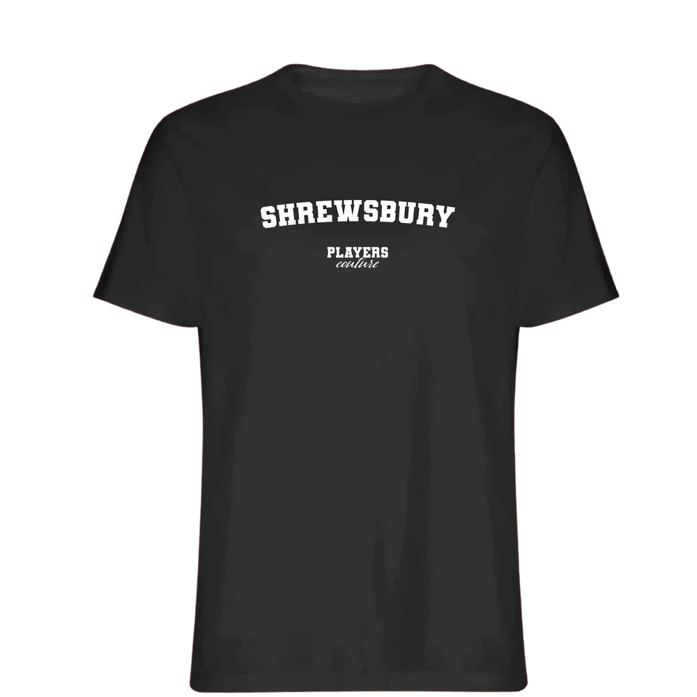 Shrewsbury t-shirt – black men's t-shirt with white Shrewsbury letters and Players Couture logo on the chest