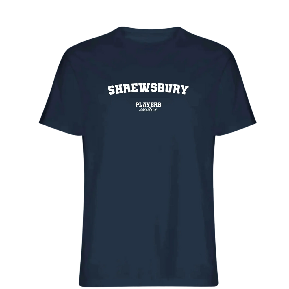 Shrewsbury t-shirt – navy men's t-shirt with white Shrewsbury letters and Players Couture logo on the chest