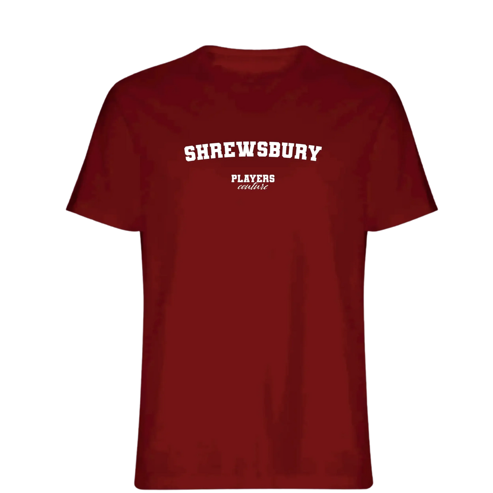 Shrewsbury t-shirt – red men's t-shirt with white Shrewsbury letters and Players Couture logo on the chest