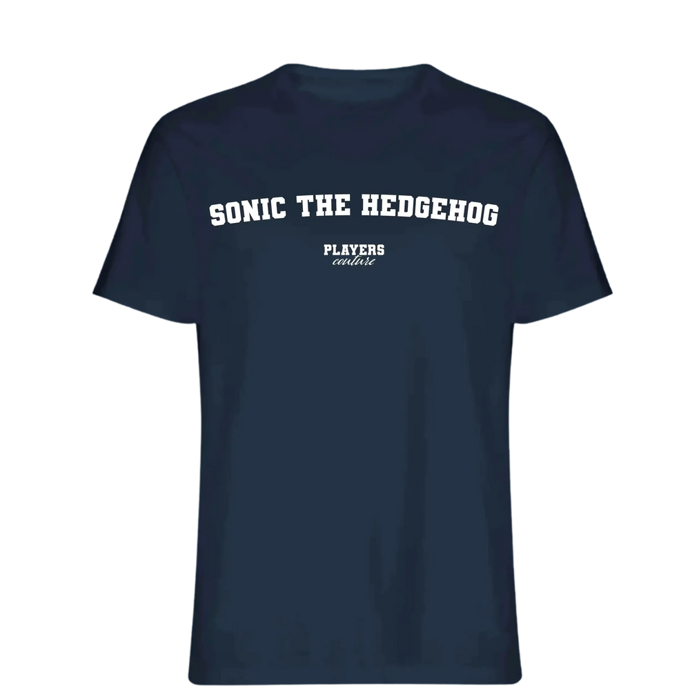 Sonic The Hedgehog t-shirt – navy men's t-shirt with white Sonic The Hedgehog letters and Players Couture logo on the chest