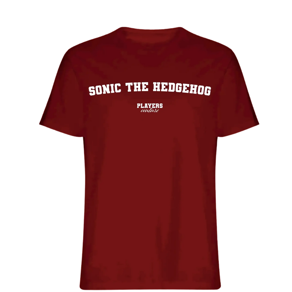 Sonic The Hedgehog t-shirt – red men's t-shirt with white Sonic The Hedgehog letters and Players Couture logo on the chest