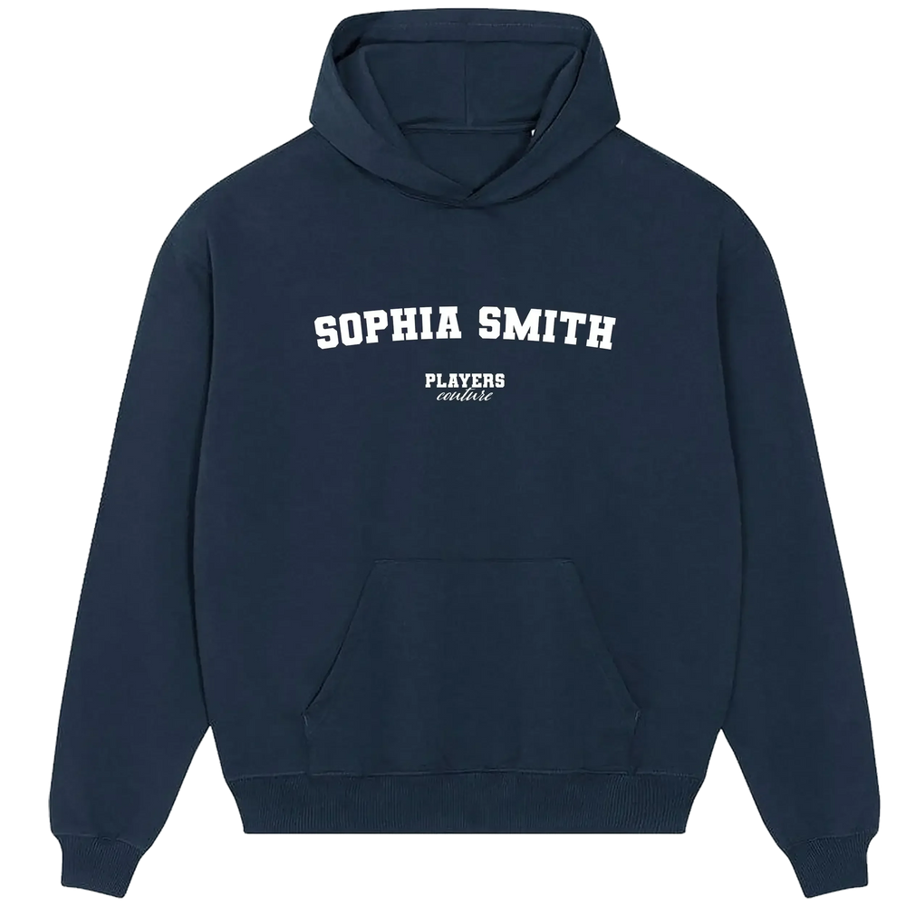 Sophia Smith hoodie – navy men's hoodie with white Sophia Smith letters and Players Couture logo on the chest