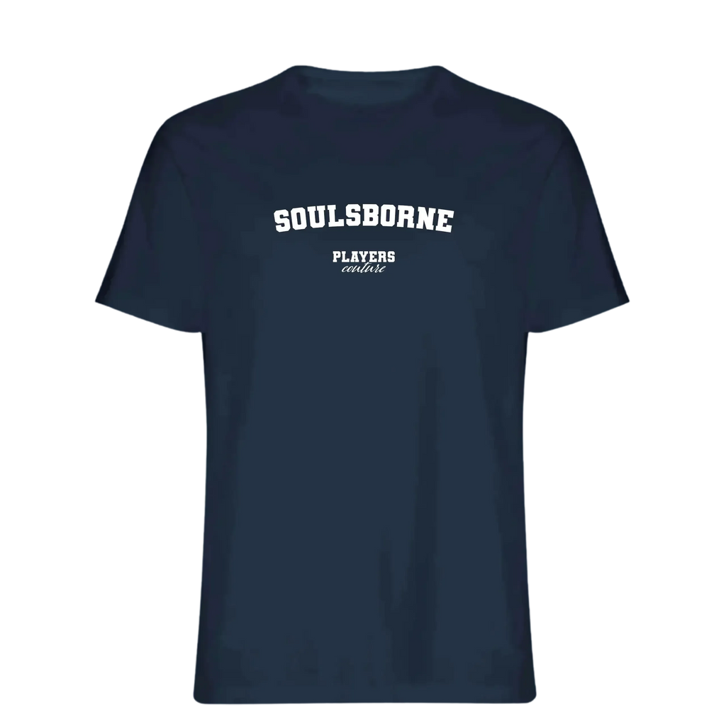 Soulsborne t-shirt – navy men's t-shirt with white Soulsborne letters and Players Couture logo on the chest