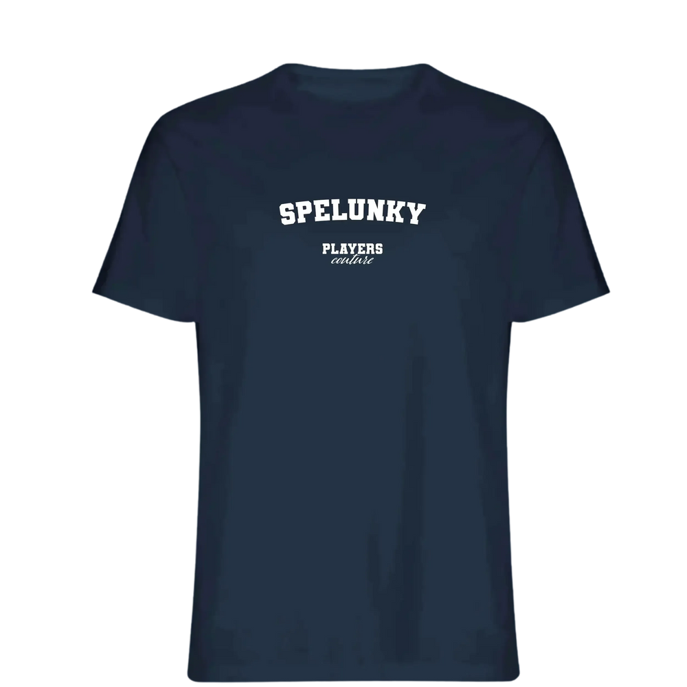 Spelunky t-shirt – navy men's t-shirt with white Spelunky letters and Players Couture logo on the chest