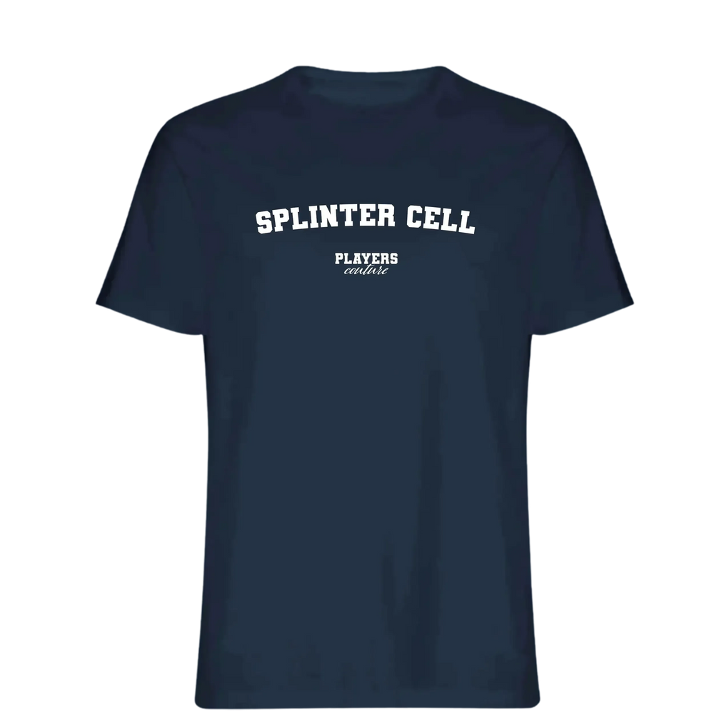 Splinter Cell t-shirt – navy men's t-shirt with white Splinter Cell letters and Players Couture logo on the chest
