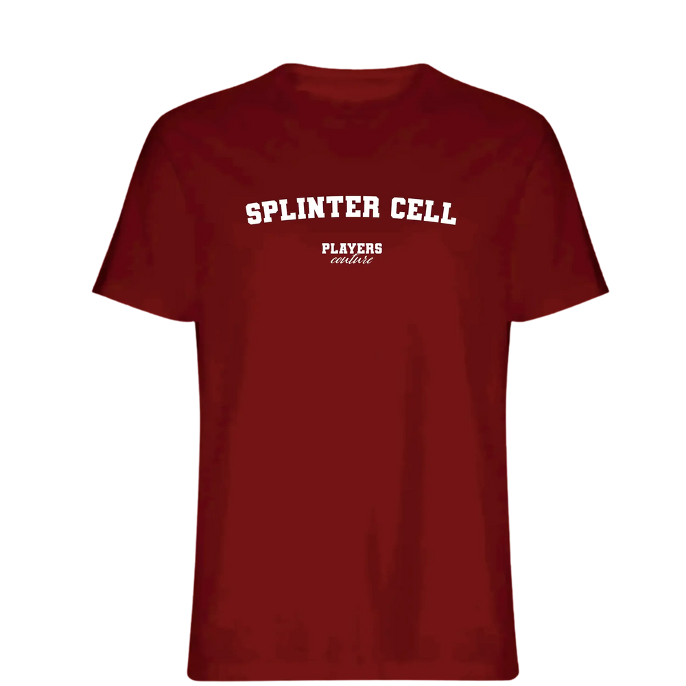 Splinter Cell t-shirt – red men's t-shirt with white Splinter Cell letters and Players Couture logo on the chest