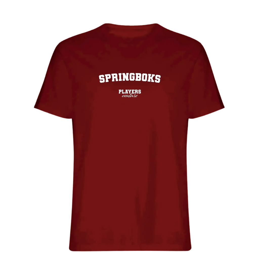 Springboks t-shirt – red men's t-shirt with white Springboks letters and Players Couture logo on the chest
