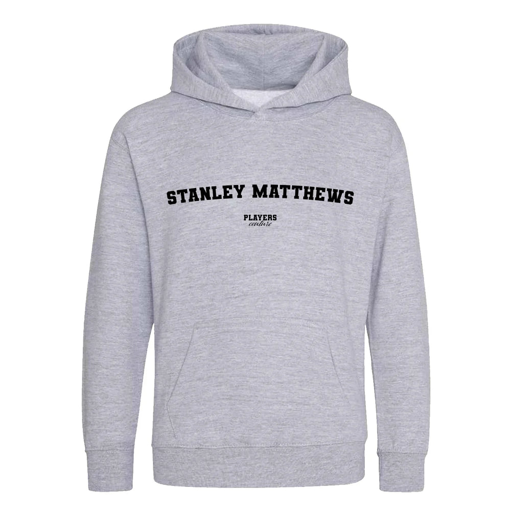 Stanley Matthews hoodie – grey kids' hoodie with black Stanley Matthews letters and Players Couture logo on the chest