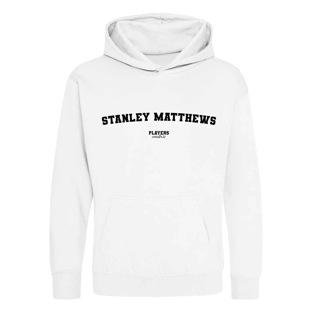 Stanley Matthews hoodie – white kids' hoodie with black Stanley Matthews letters and Players Couture logo on the chest