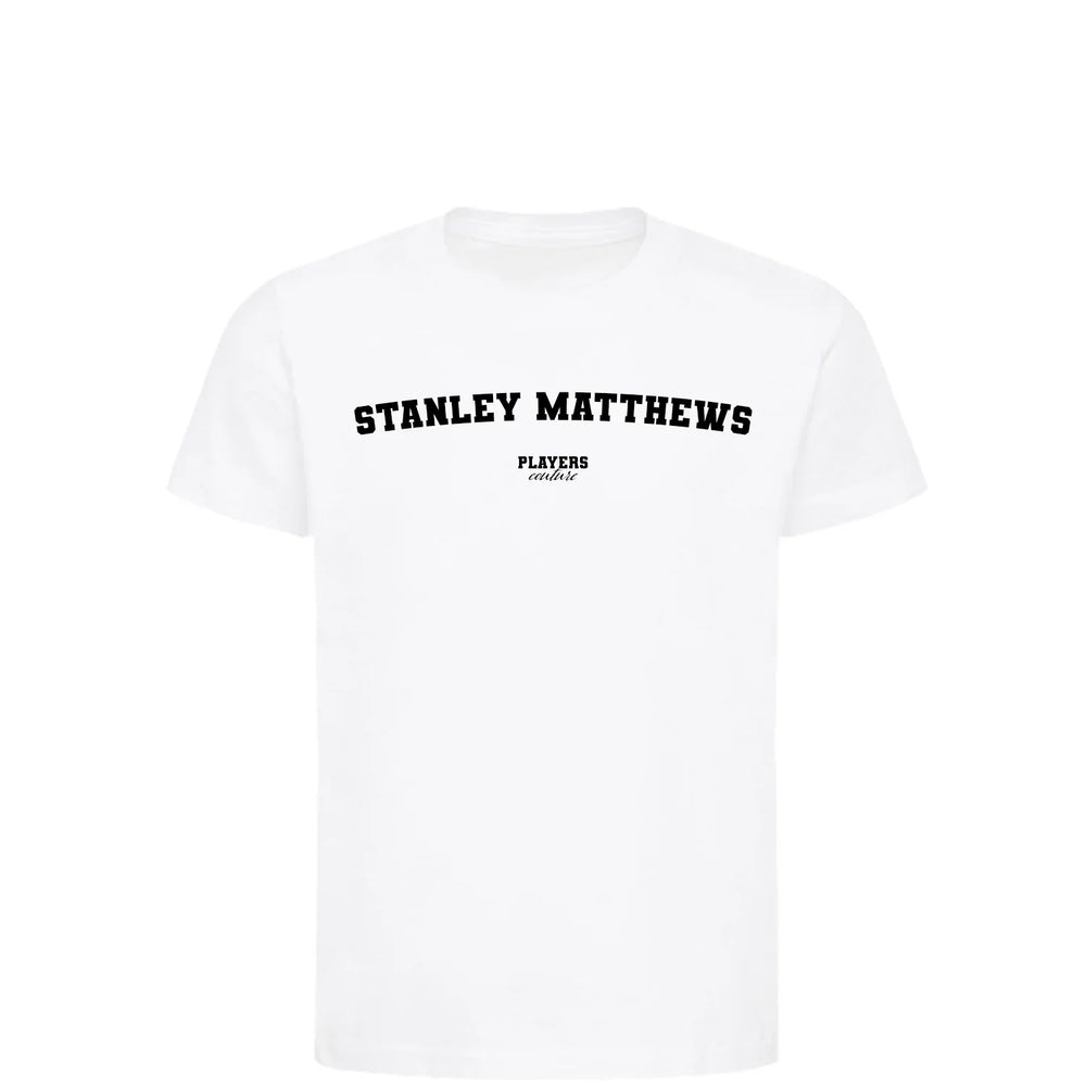 Stanley Matthews t-shirt – white kids' t-shirt with black Stanley Matthews letters and Players Couture logo on the chest