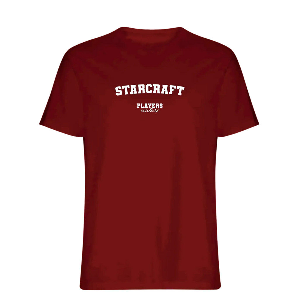 StarCraft t-shirt – red men's t-shirt with white StarCraft letters and Players Couture logo on the chest