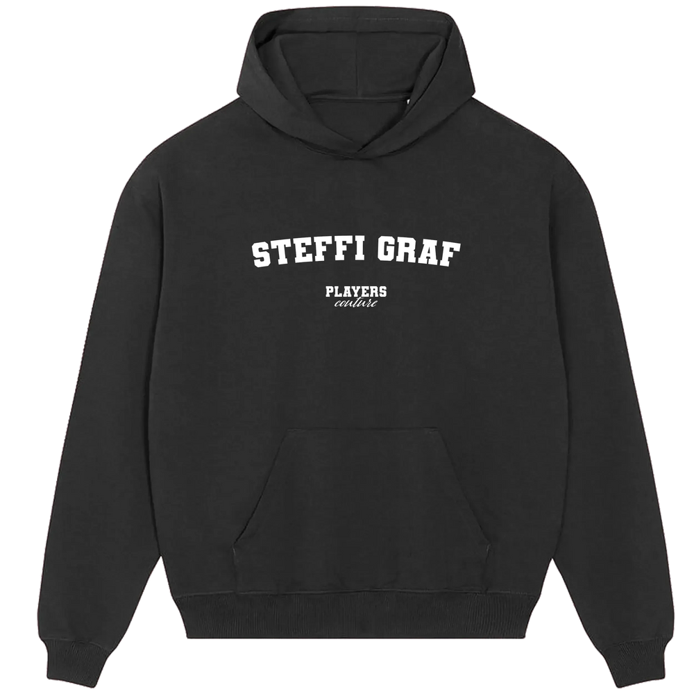 Steffi Graf hoodie – black men's hoodie with white Steffi Graf letters and Players Couture logo on the chest
