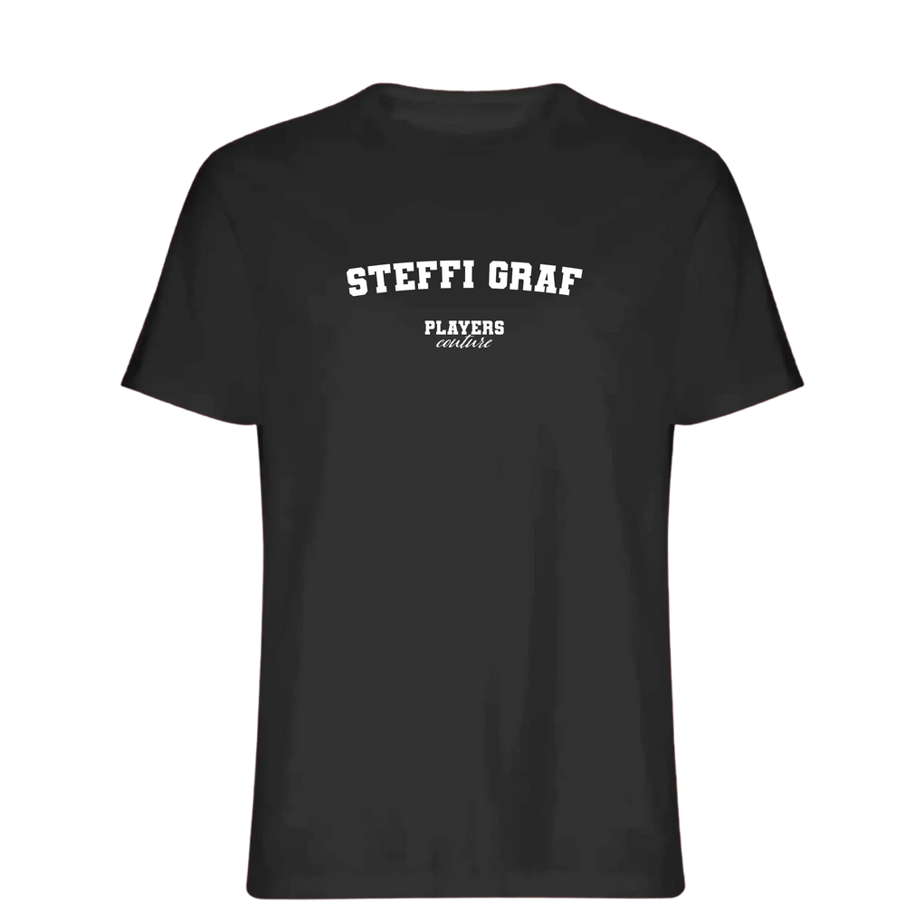 Steffi Graf t-shirt – black men's t-shirt with white Steffi Graf letters and Players Couture logo on the chest