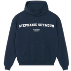 Stephanie Seymour hoodie – navy men's hoodie with white Stephanie Seymour letters and Players Couture logo on the chest