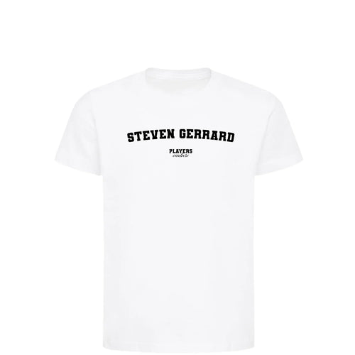 Steven Gerrard t-shirt – white kids' t-shirt with black Steven Gerrard letters and Players Couture logo on the chest