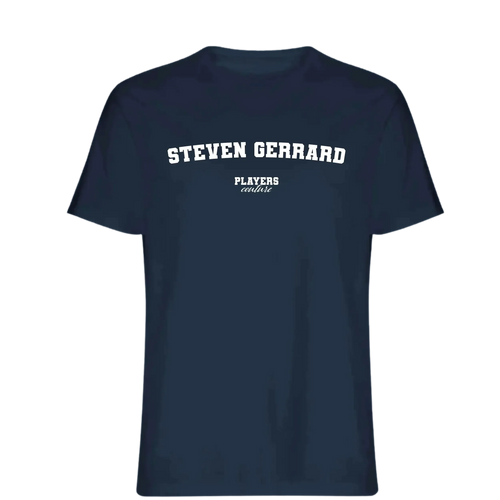 Steven Gerrard t-shirt – navy men's t-shirt with white Steven Gerrard letters and Players Couture logo on the chest