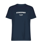 Stockport t-shirt – navy men's t-shirt with white Stockport letters and Players Couture logo on the chest