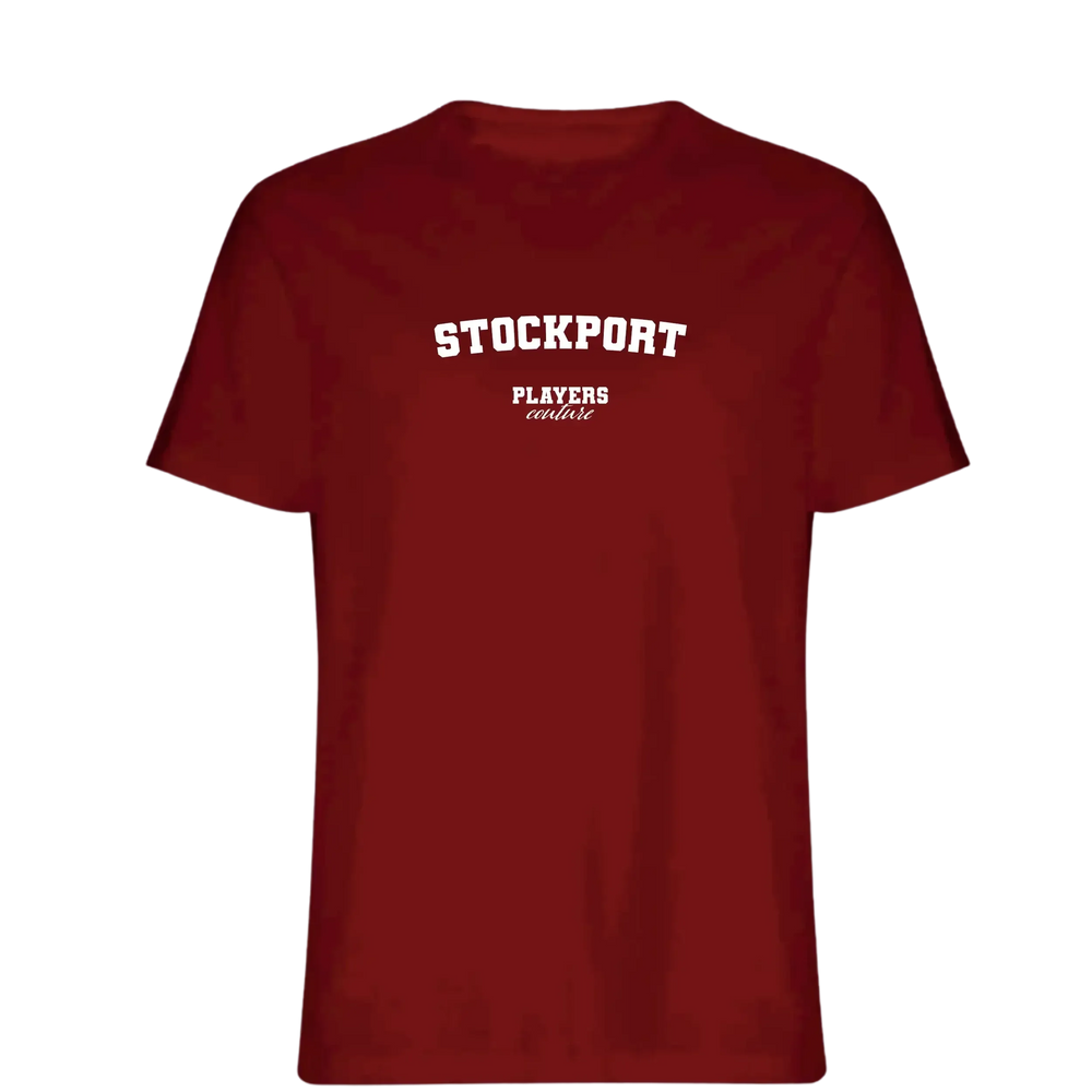 Stockport t-shirt – red men's t-shirt with white Stockport letters and Players Couture logo on the chest