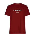 Stockport t-shirt – red men's t-shirt with white Stockport letters and Players Couture logo on the chest