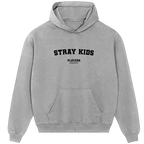 Stray hoodie – grey kids' hoodie with black Stray letters and Players Couture logo on the chest