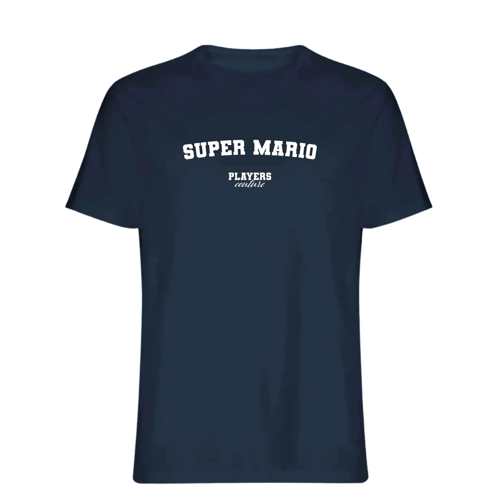 Super Mario t-shirt – navy men's t-shirt with white Super Mario letters and Players Couture logo on the chest