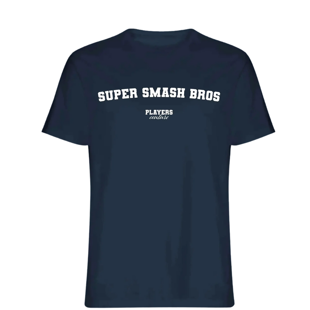 Super Smash Bros t-shirt – navy men's t-shirt with white Super Smash Bros letters and Players Couture logo on the chest